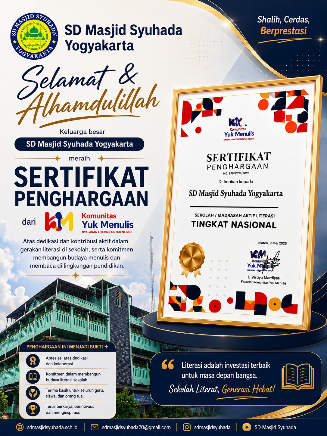 SD Masjid Syuhada Raih Sertifikat Penghargaan dari Komunitas Yuk Menulis